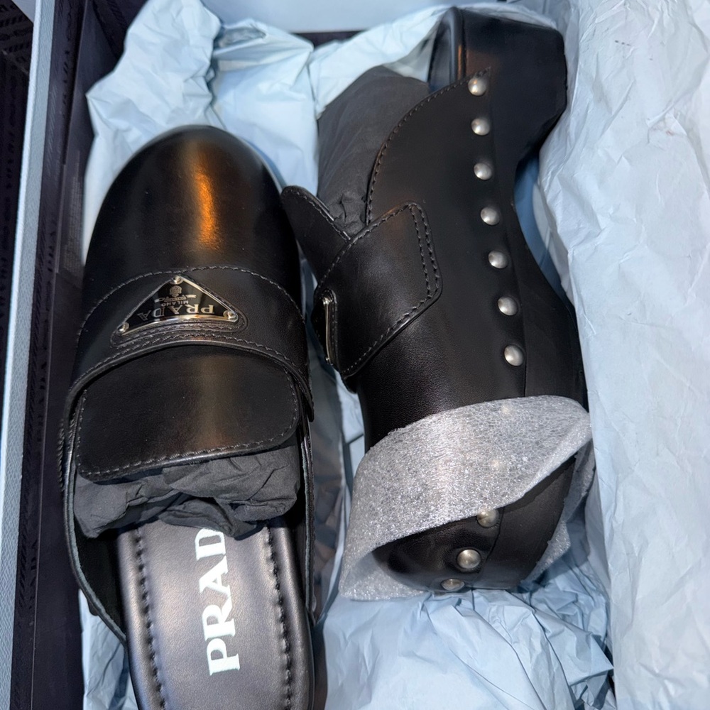 Prada Black Studded Leather Clogs